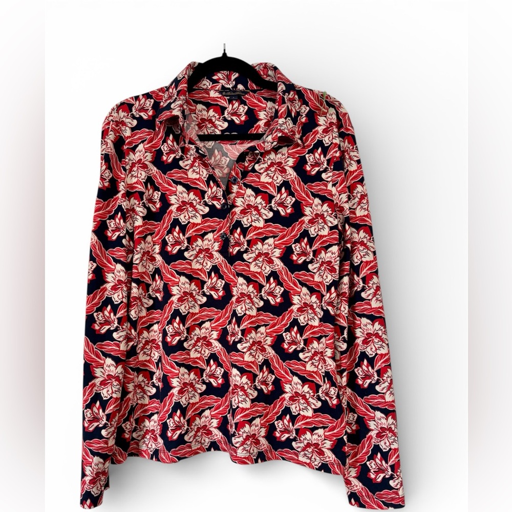 Brooks Brothers Women's Tropical Floral Print Jersey Knit Polo Shirt Size L